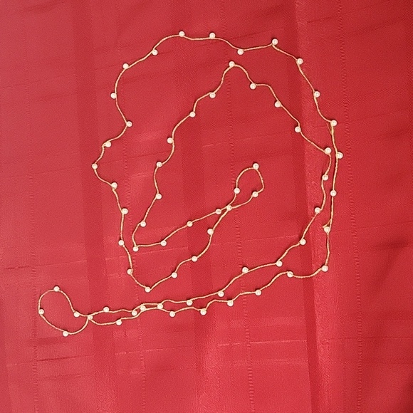 Beaded Sweater Necklace. Faux Pearl Beads. Delicate Gold Metallic Thread - Picture 2 of 8